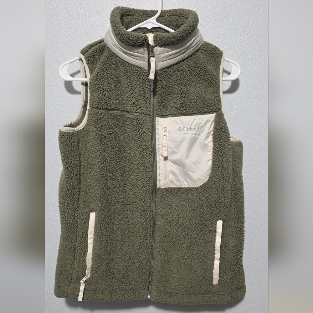 Columbia Sherpa Fleece Vest Women’s Green Cream Full Zip Cozy Outdoor